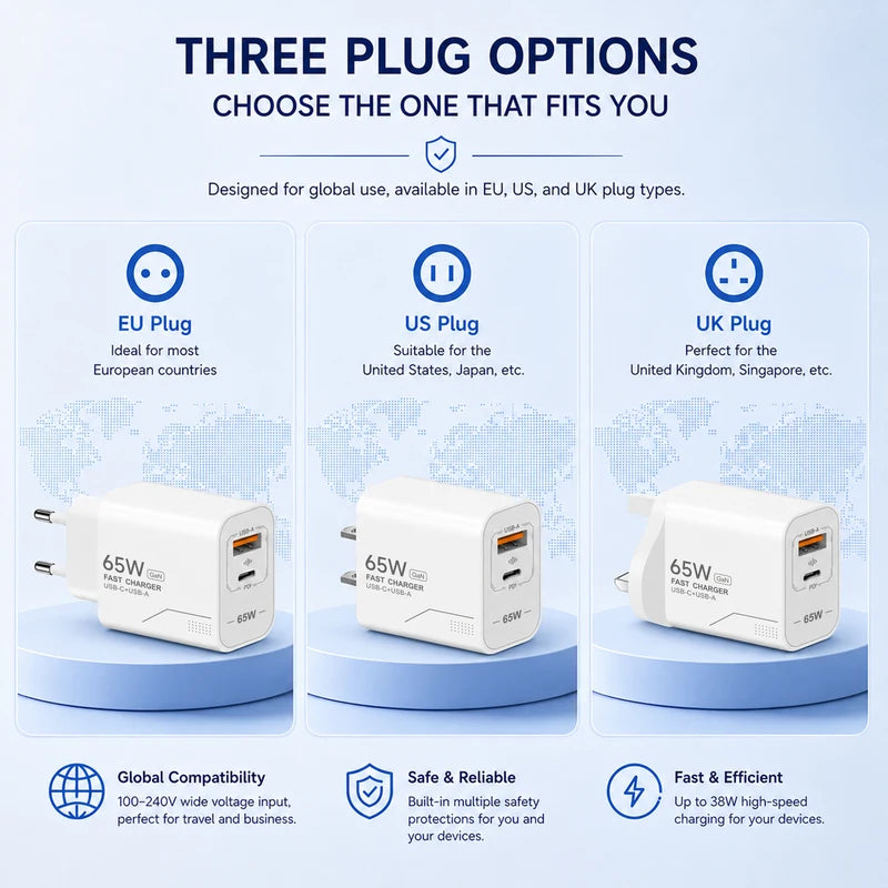 GaN Fast Charging 65W USB-C Wall Charger EU KR US PD 3.0 Quick Charge for Smartphones