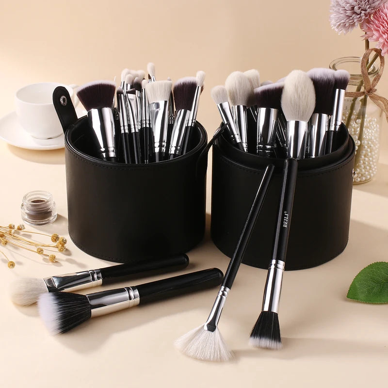 Large Makeup Brush Organizer Case PU Leather Travel Storage Cylinder