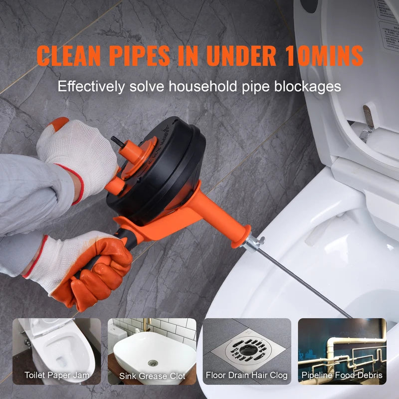 25Ft Manual & Electric Drain Auger Plumbing Snake with Drill Adapter