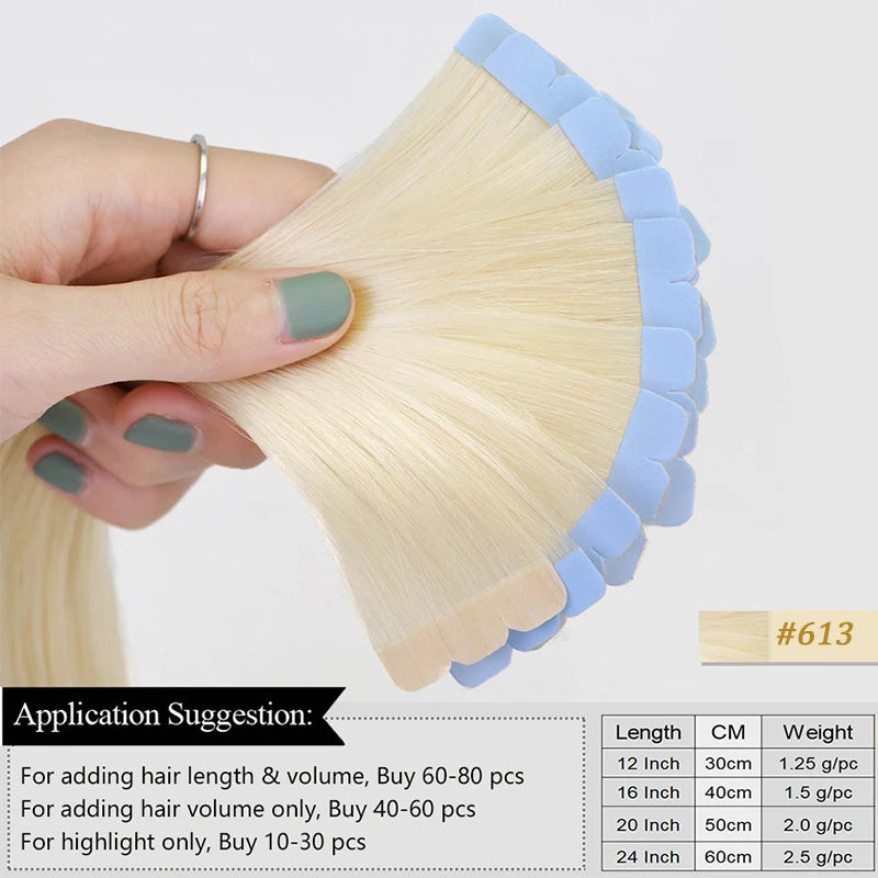 Mini Tape-in Hair Extensions 3x0.8cm Natural Human Hair, Invisible Adhesive, 10pcs Set