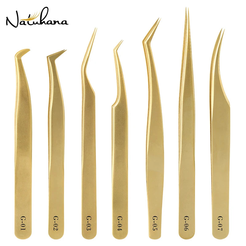 Anti-Static Eyelash Extension Tweezers - Professional Gold Stainless Steel for Volume Fans
