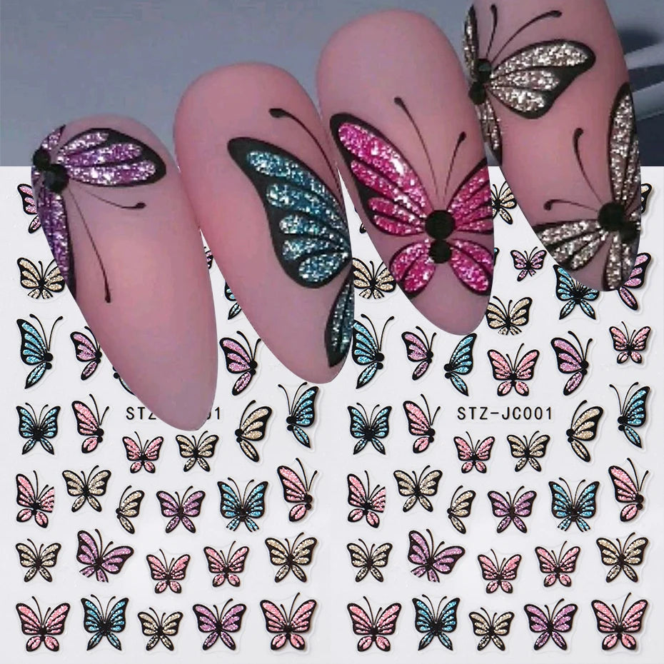 Glitter Butterfly Nail Stickers Decals - Self-Adhesive Floral & Gothic Designs