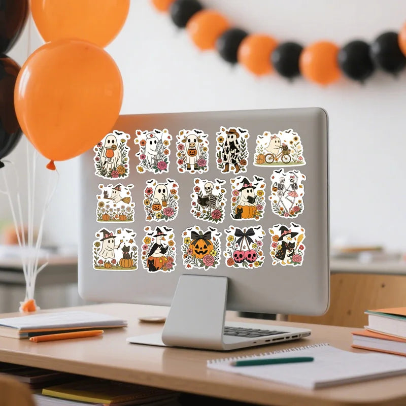 48PCS Cartoon Ghost Flower Stickers Halloween Party Decorations Water Bottle Laptop Diary