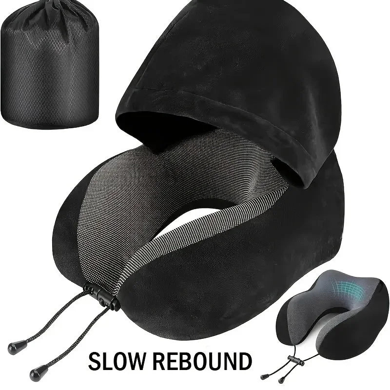 Travel Neck Pillow with Memory Foam & Hooded Design - Portable U-Shaped Support Cushion