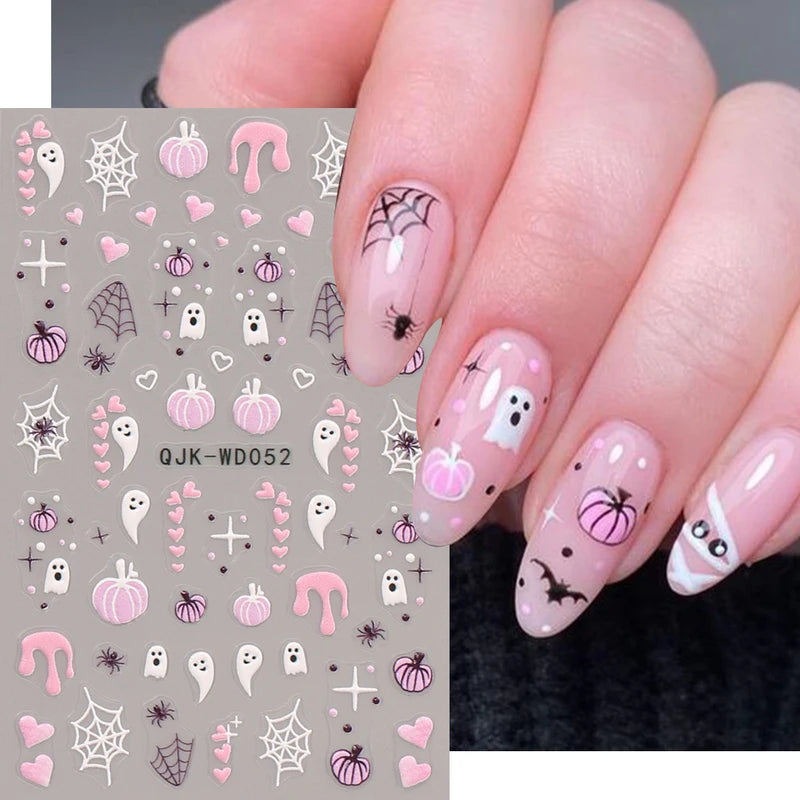 Halloween 3D Nail Art Stickers Ghost Pumpkin Spider Web Bat Manicure Decals