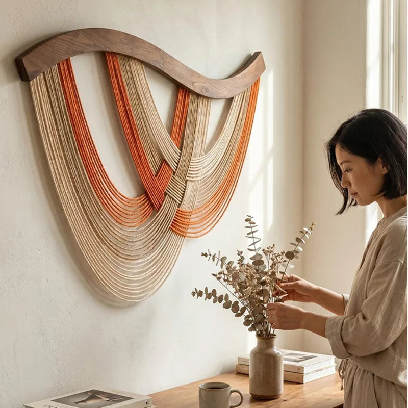 Boho Macrame Wall Hanging Tapestry with Wooden Rod - Nordic Style Home Decor