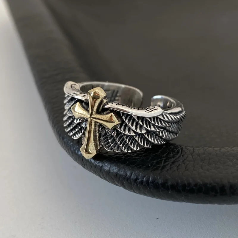 Unisex Retro Cross Feather Graffiti Punk Gothic Adjustable Ring Jewelry Gift