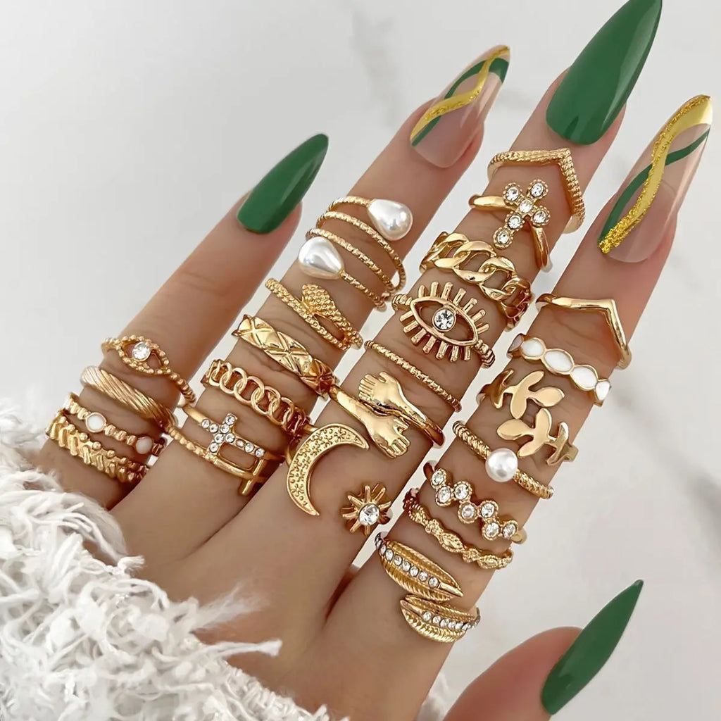 Simple Wave Jewelry Rings Set for Women - Crystal Heart & Multiple Colors