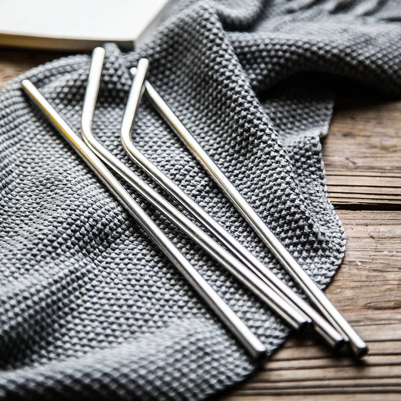 Reusable Metal Drinking Straws Set - 304 Stainless Steel, Bent & Straight with Cleaning Brush