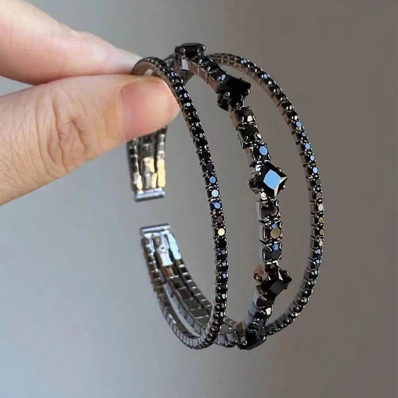Gothic Black Open Ended Elastic Bracelet for Women 3-Row Zirconia Inlaid Copper Jewelry
