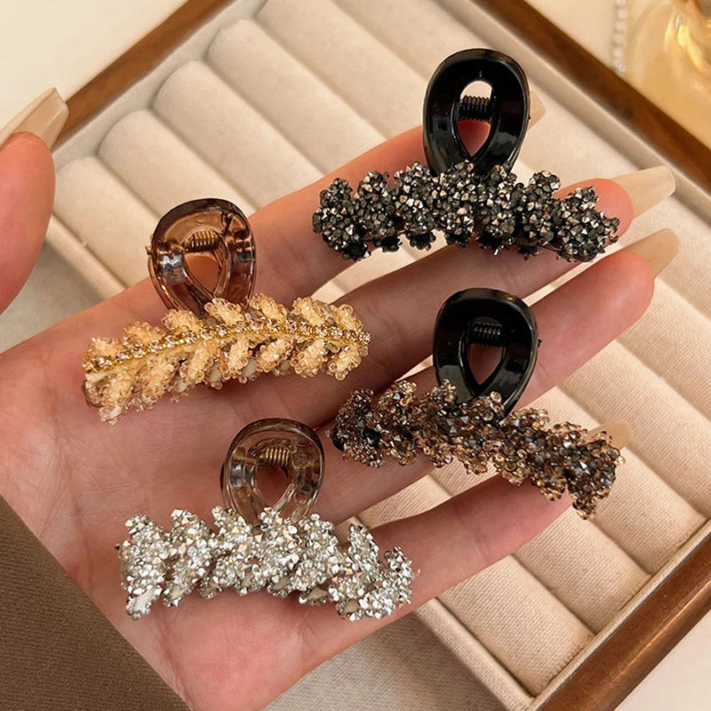 Rhinestone Leaf-Shaped Hair Claw Clamp for Strong Hold Buns - Multiple Colors