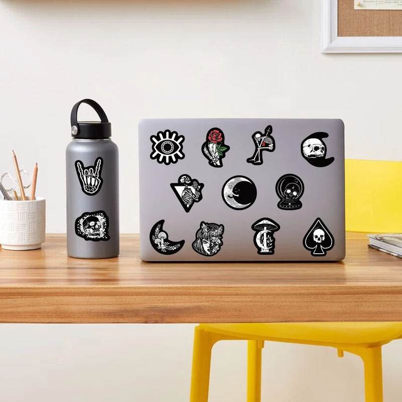 50pcs Black & White Skull Sticker Set Cartoon Graffiti Decals for Phone Laptop Luggage DIY