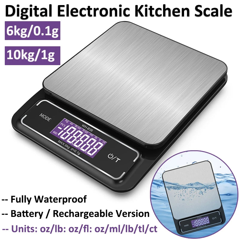 Digital Waterproof Kitchen Scale 10kg/1g, 6kg/0.1g, LCD Display, Stainless Steel