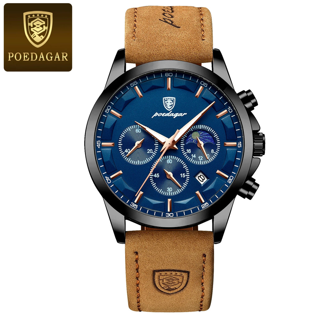 Luxury Waterproof Chronograph Men's Watch with Luminous Date and Leather Strap