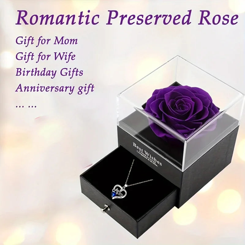 Luxury Soap Rose Gift Box with Purple Rose & Heart Pendant Necklace - Mother's Day Anniversary Gift for Mom