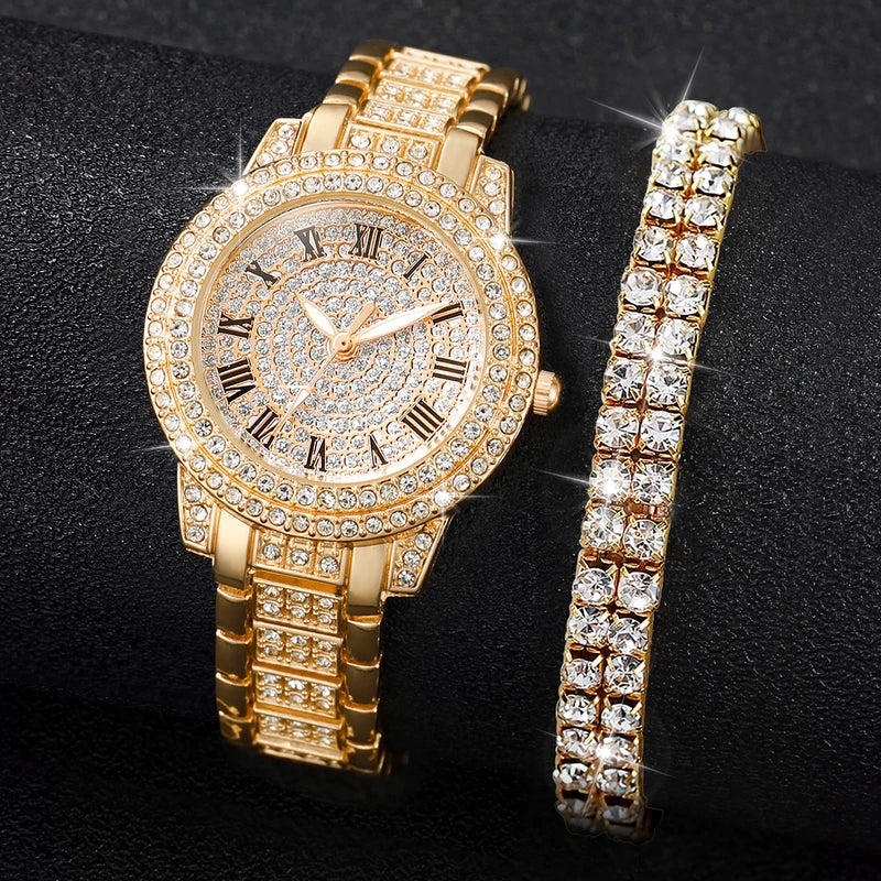 Women's Fashion Diamond Quartz Watch with Steel Band and Bracelet Set