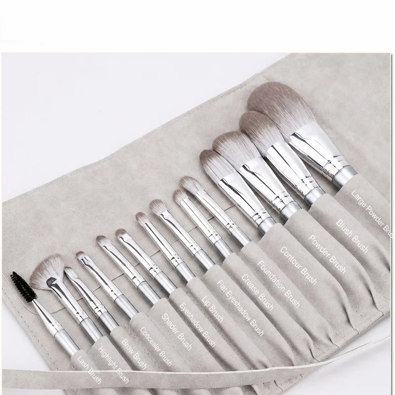 Complete 14-Piece Makeup Brush Set with Storage Bag - Soft Synthetic Bristles, Matte Textured Handles, Dark Green