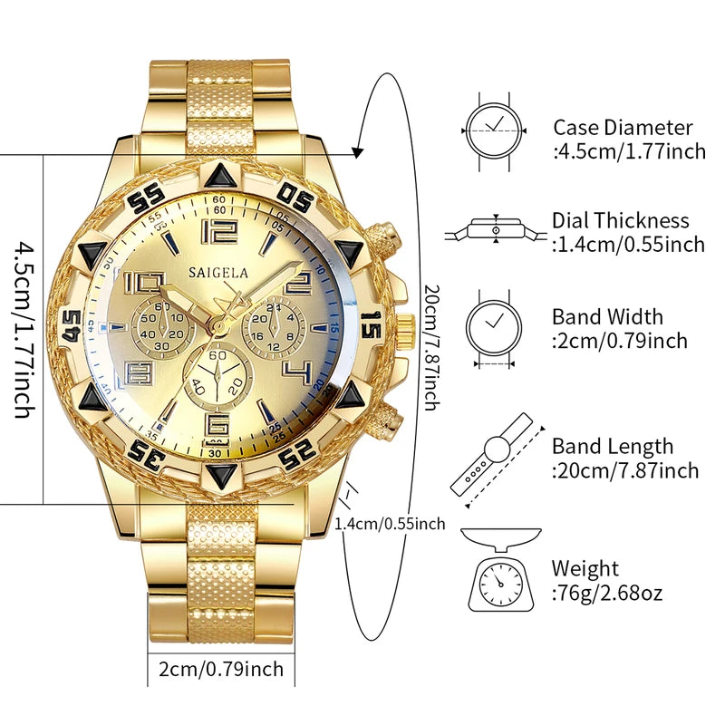 Men's Fashion Quartz Watch Set 4pcs Steel Band Arabic Dial Waterproof