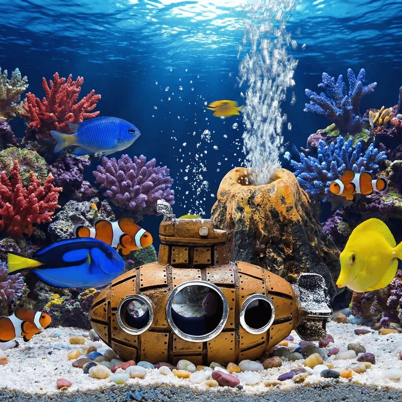 Aquarium Decoration Set Resin Submarine & Volcano Ornaments - Fish Tank Landscape Accessories
