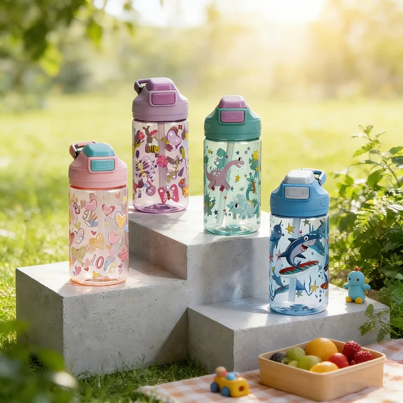 410ml Kids Dinosaur Water Bottle with Silicone Straw Leakproof Summer Drinking Cup