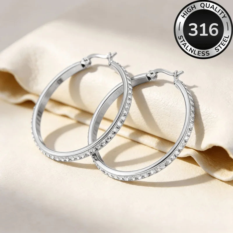 Large Crystal Hoop Earrings for Women - Hypoallergenic 316L Stainless Steel Gold & Silver