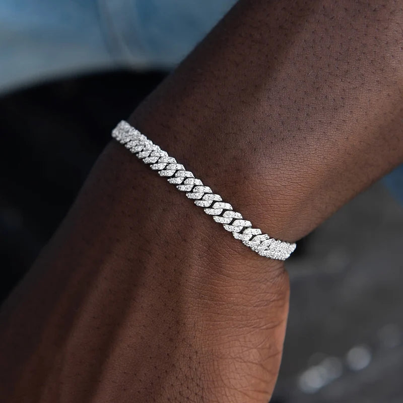 Moissanite Iced Out Cuban Link Chain Bracelet for Women - Silver Plated Hip Hop Jewelry