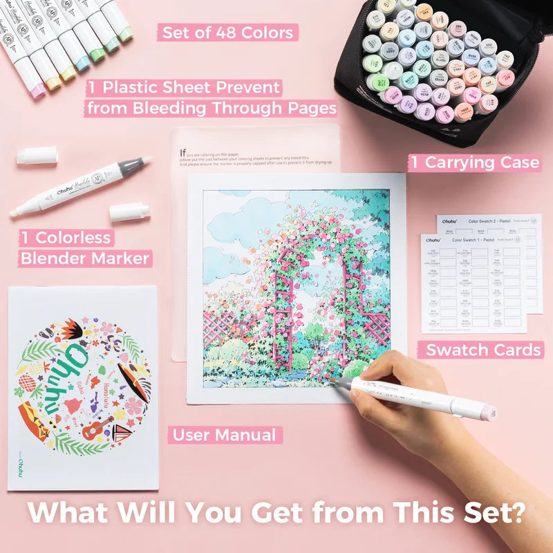48 Pastel Marker Pen Set with Dual Tips Refillable Art Supplies for Drawing & Sketching