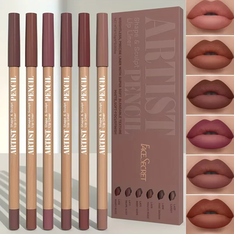 Velvet Matte Lip Liner Set 6 Colors Long-Lasting Non-Drying Lip Pencils