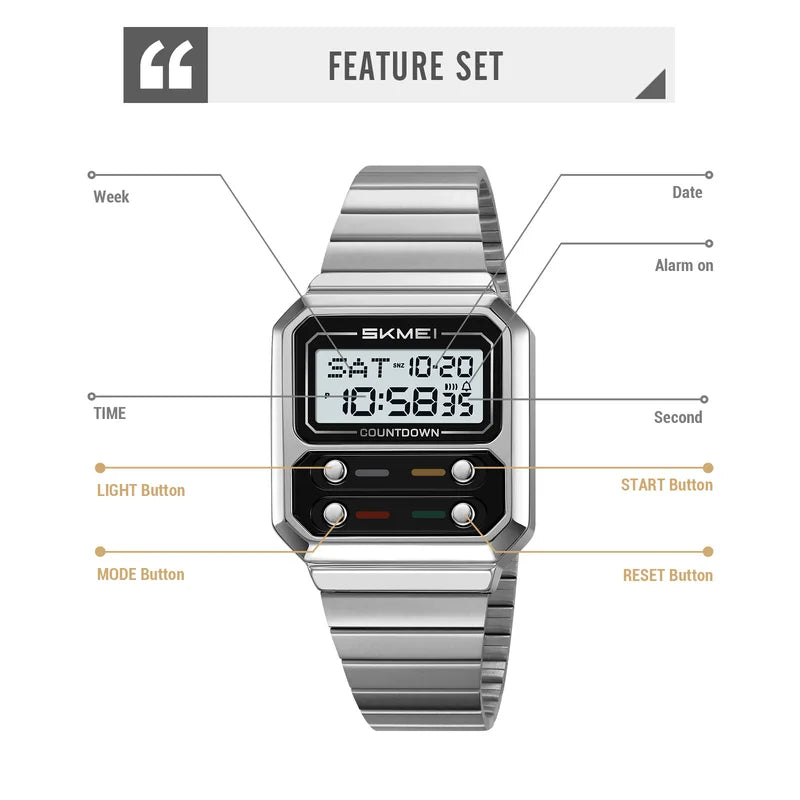 Men's Retro Digital Watch Waterproof Chronograph Business Wristwatch