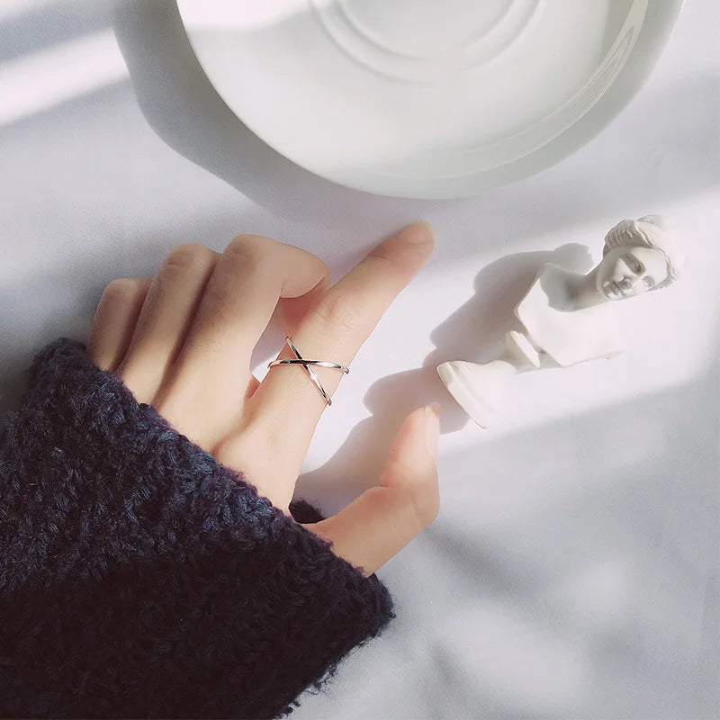 Geometric Sterling Silver Women's Open Ring - Irregular Cross Design Gift