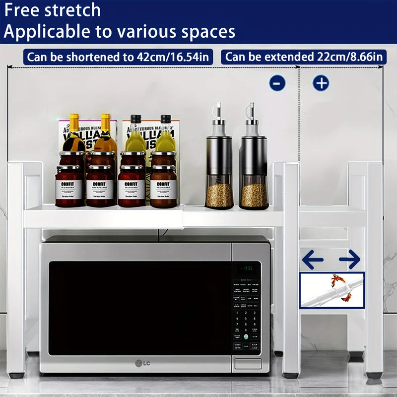 Expandable Microwave Shelf with Hooks, Space-Saving Kitchen Storage Rack 40-64cm