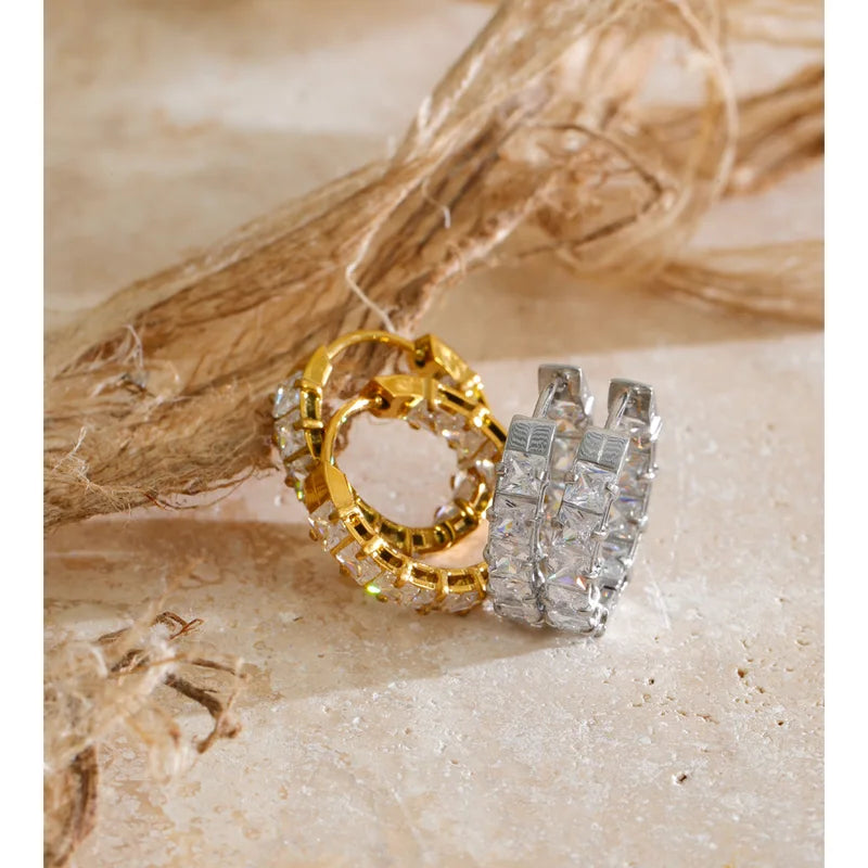 Stainless Steel Cubic Zirconia Hoop Earrings for Women - Shiny Daily Jewelry
