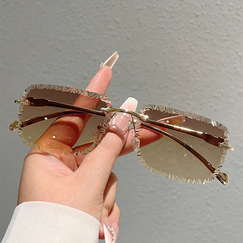 Square Rimless Sunglasses Men Women Fashion Vintage Trendy Casual Shades