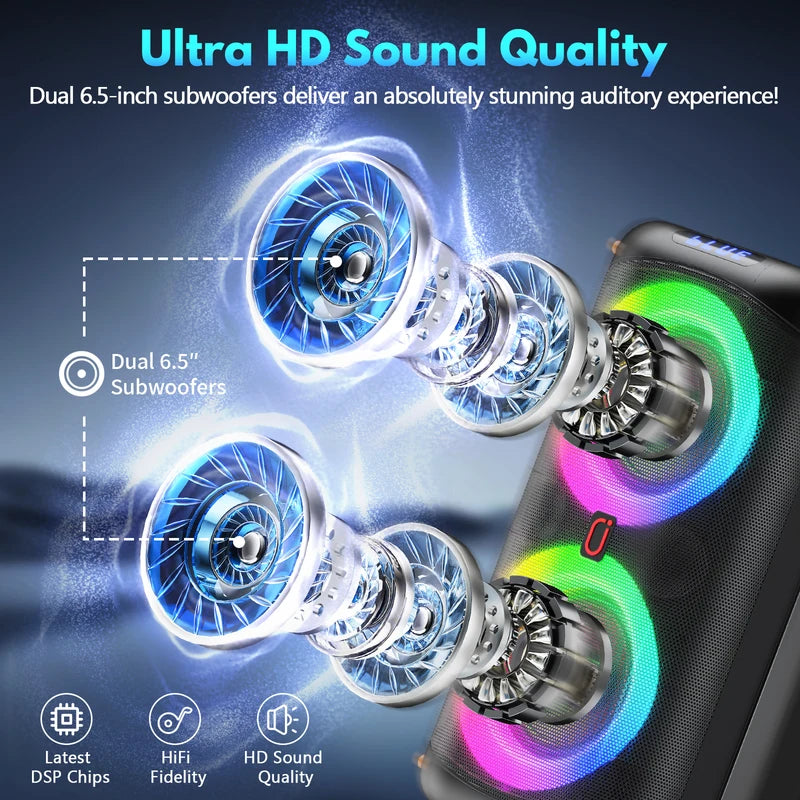 Wireless Bluetooth Karaoke Speaker with 2 Microphones, LED Lights, TWS Stereo, 24H Battery