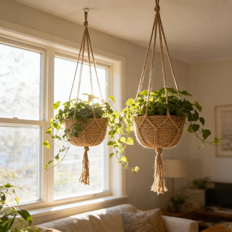 Hanging Flowerpot Basket for Indoor Outdoor Plants - Natural Jute Macrame