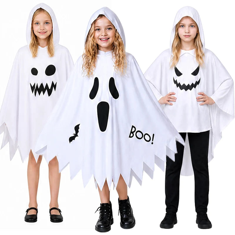 White Ghost Halloween Costume Cloak with Glowing Hood for Cosplay and Carnival