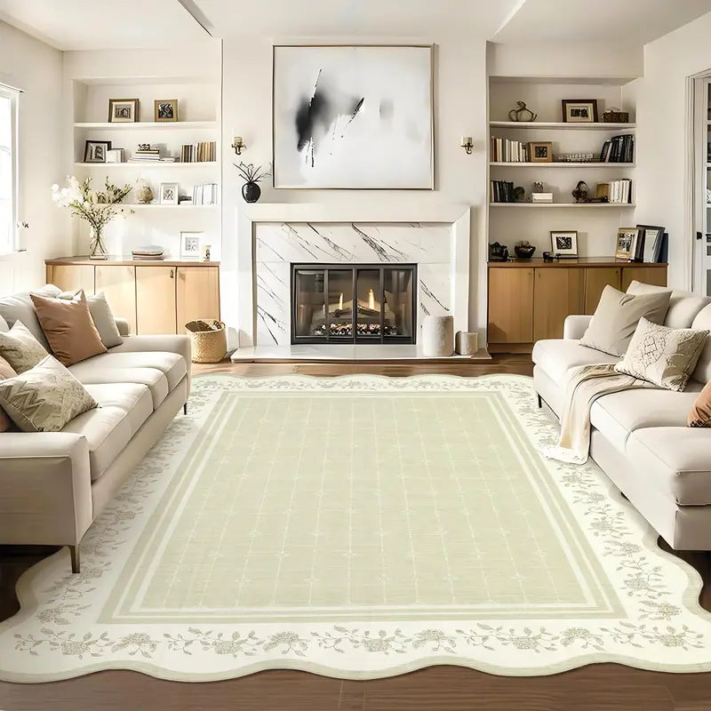 8x10 Beige Scalloped Edge Washable Area Rug - Low Pile, Stain-Resistant Floor Carpet for Living Room & Bedroom