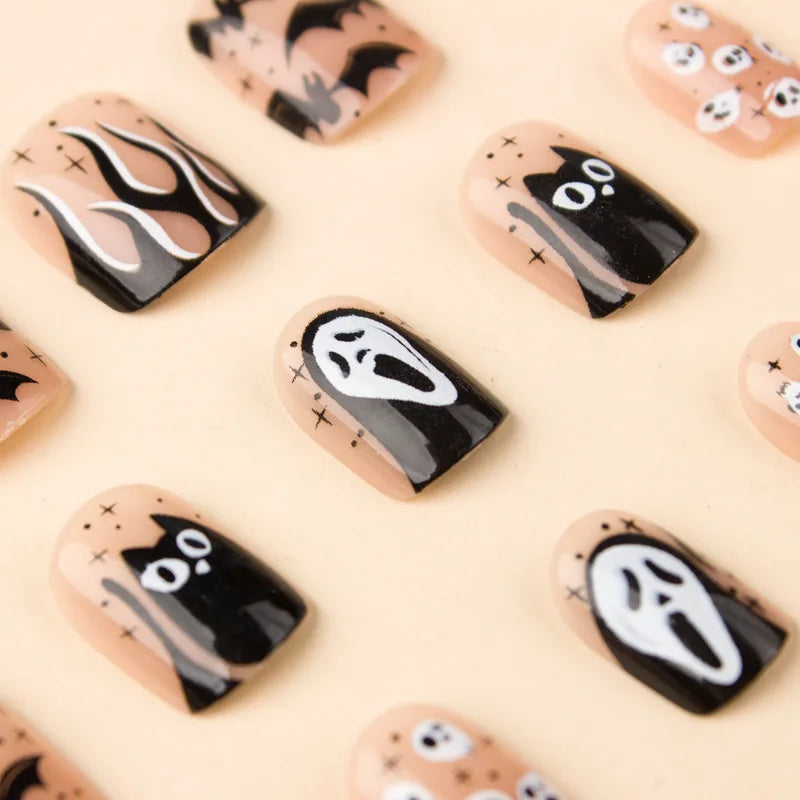 Halloween Skull Fake Nails 24 Pcs Full Coverage Press-On Nails Reusable False Nails for Women & Girls