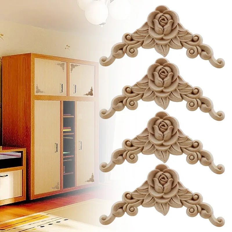 Wooden Floral Corner Wall Decor - Set of 4 Carved Wooden Appliques for Doors & Furniture
