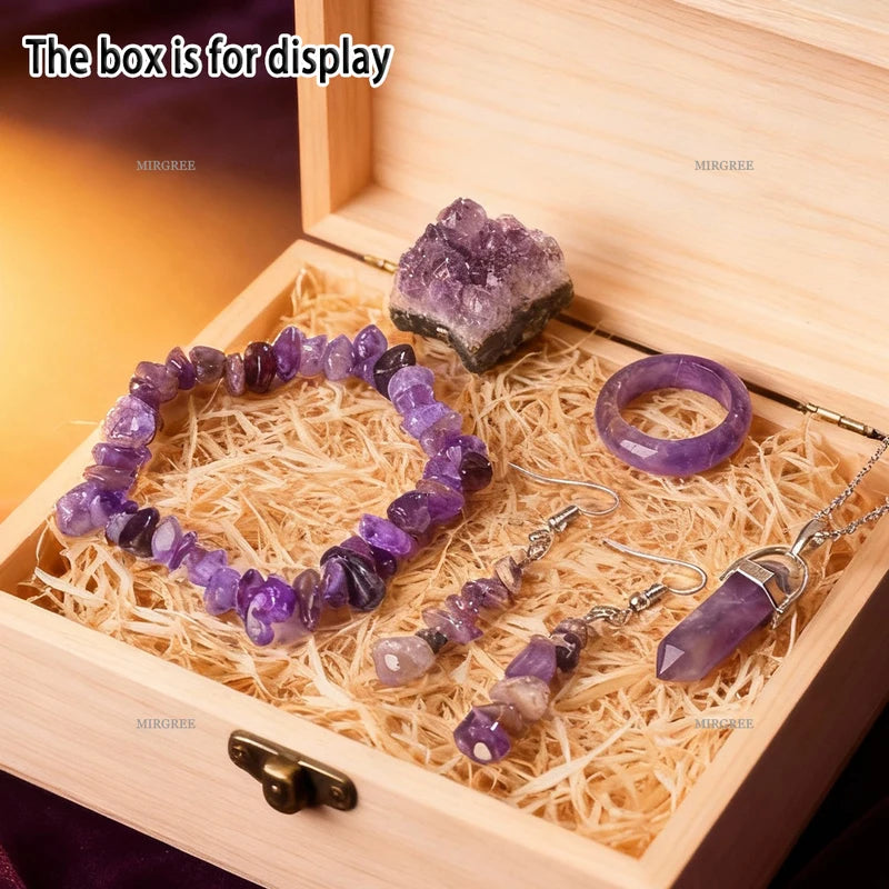 Natural Amethyst Jewelry Set - Bracelet Necklace Ring Earrings Healing Crystals