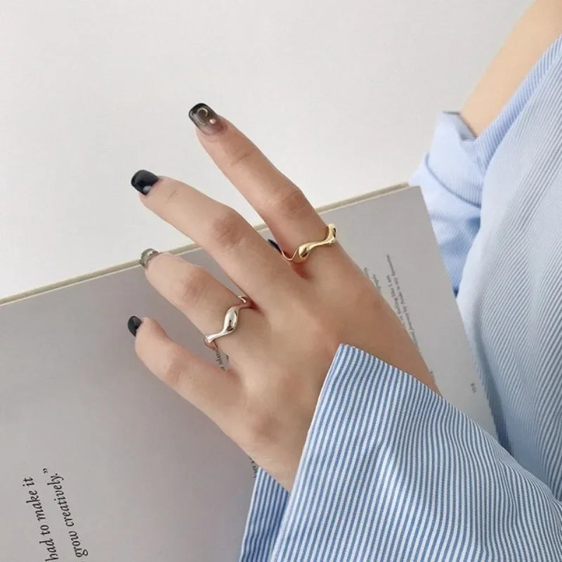 Irregular Wavy Geometric Couple Rings for Women Men - Gold Stainless Steel Jewelry