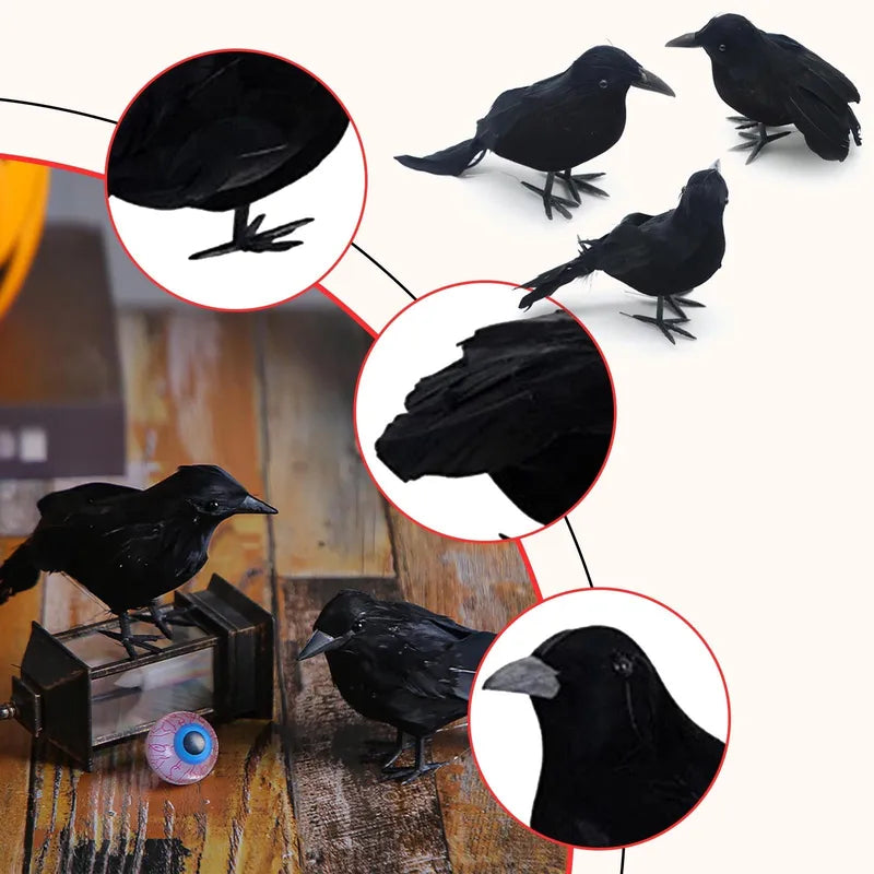 Lifelike Black Crow Halloween Decorations Set of 6 - Faux Feather Crows for Party & Garden