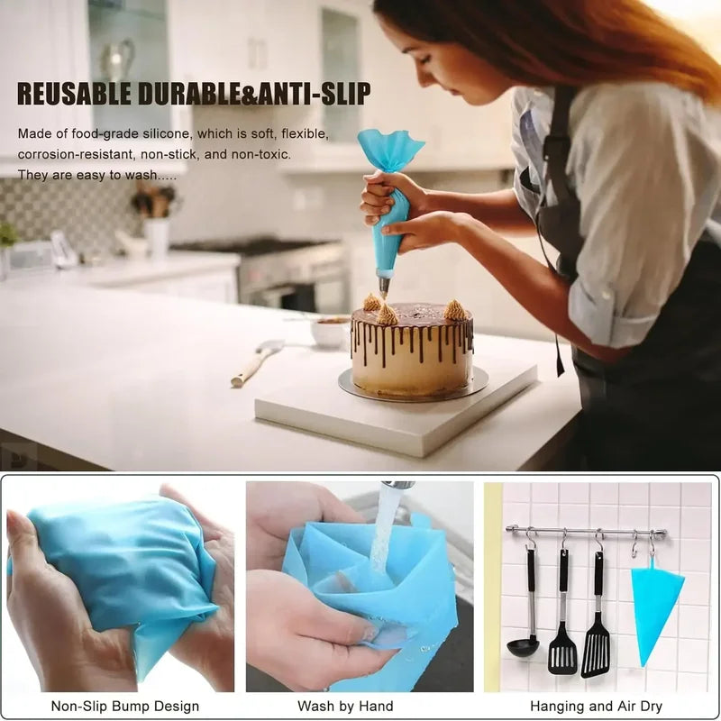 Reusable Cake Decorating Piping Set with Stainless Steel Tips & Silicone Pastry Bags