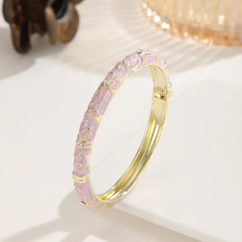 Colorful Floral Enamel Bracelet for Women - Gold Tone Open Cuff Jewelry
