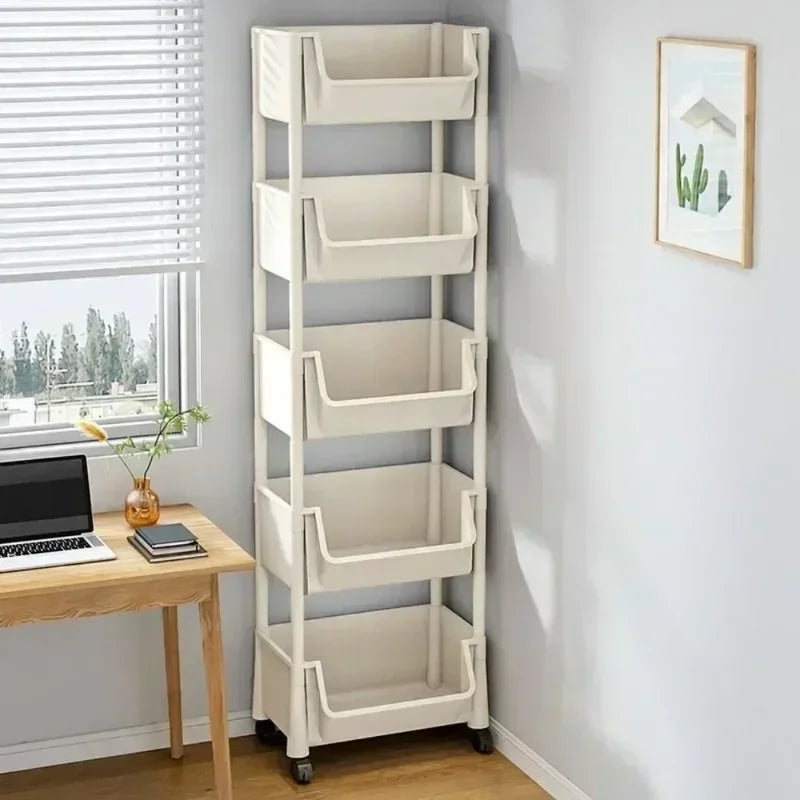 Multi-Functional Trolley Bookshelf with Narrow Slit Storage for Kitchen & Bathroom