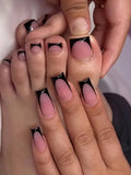 48pcs French Black Border Hand & Foot Fake Toenails Glossy Fully Covered Nude Spring Break Set