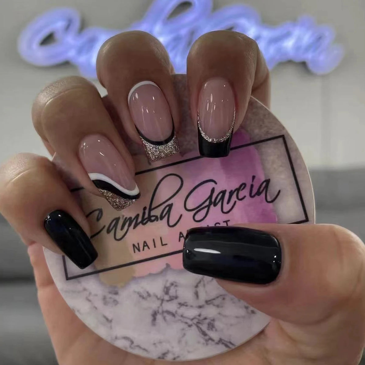 Medium Almond Black Press On Nails 24-Pack - Shimmering Ballerina Style