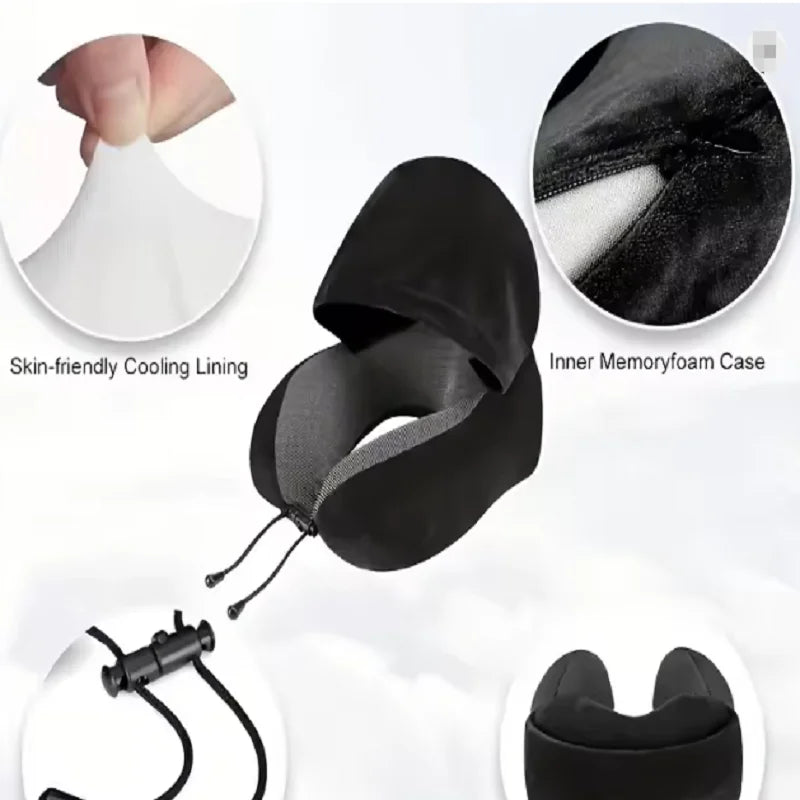Travel Neck Pillow with Memory Foam & Hooded Design - Portable U-Shaped Support Cushion