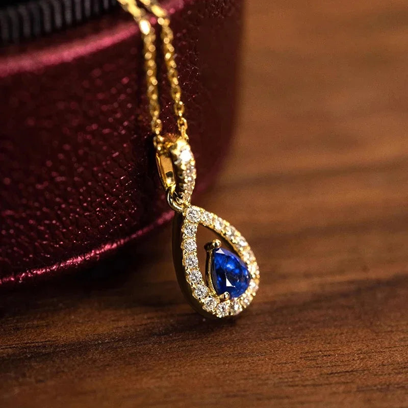 Gold Color Waterdrop Pendant Necklace with Blue Cubic Zirconia for Women