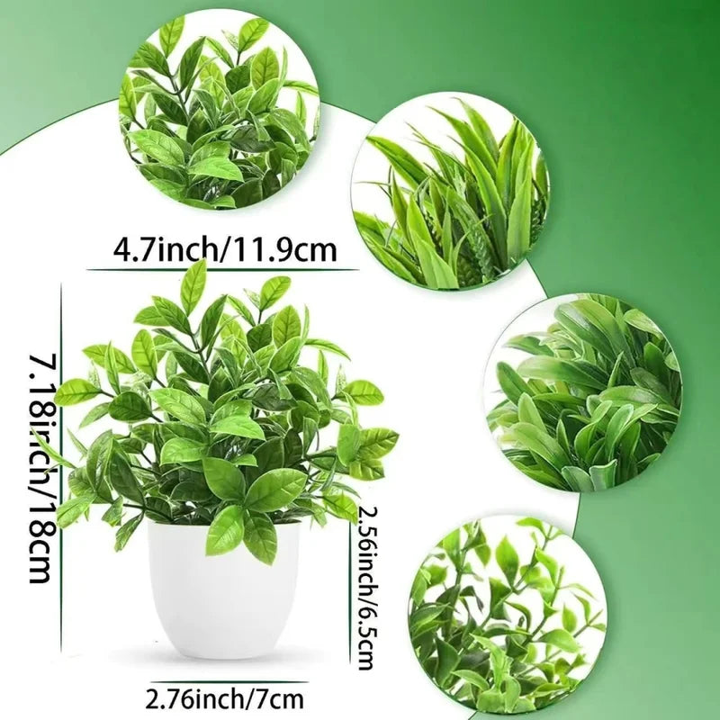 Mini Artificial Potted Plants Set - Indoor Outdoor Decorative Bonsai, Green 4-Pack